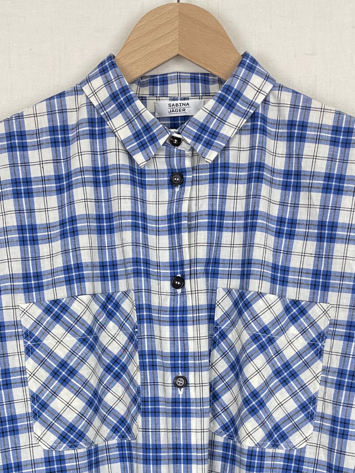 WHITE, BLUE AND BLACK CHECKED SHIRT DRESS - SIZE S