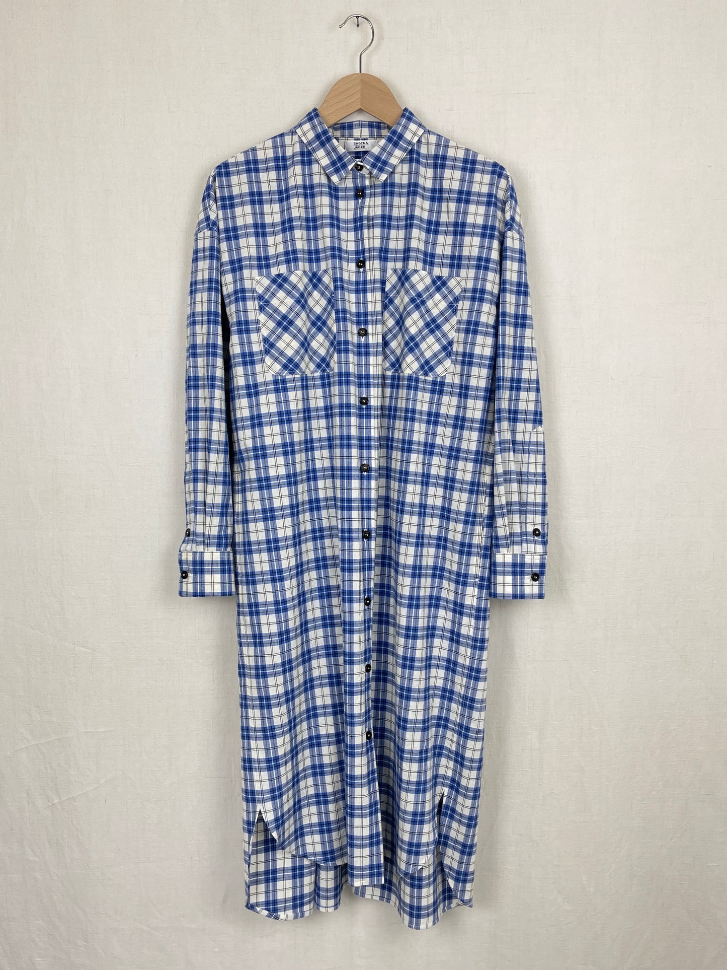 WHITE, BLUE AND BLACK CHECKED SHIRT DRESS - SIZE S