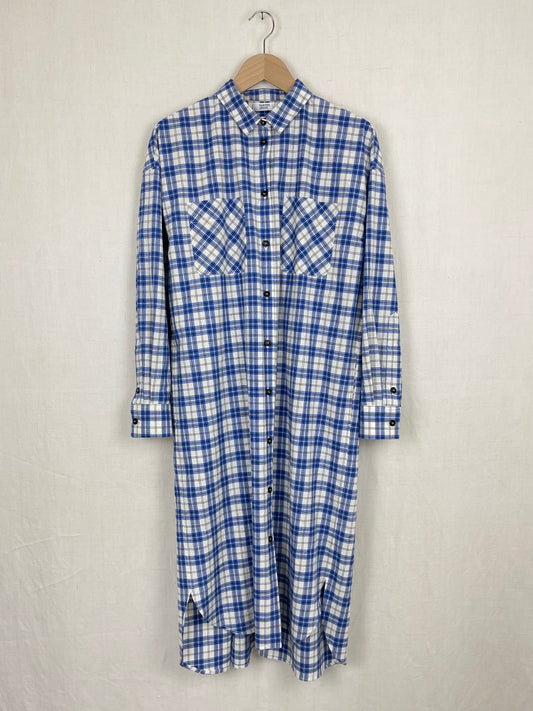 WHITE, BLUE AND BLACK CHECKED SHIRT DRESS - SIZE S