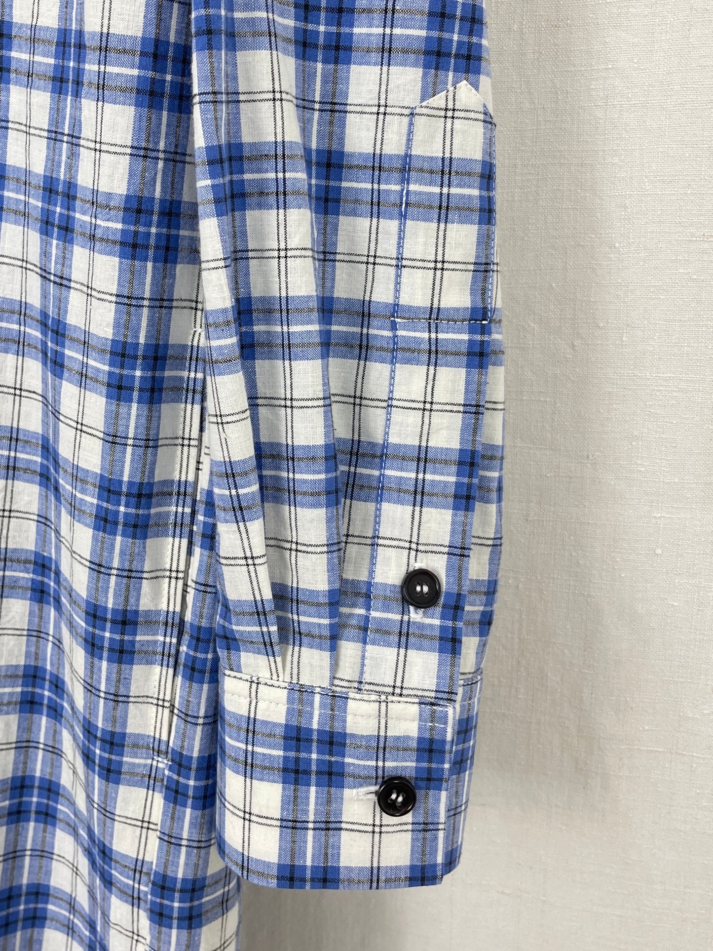 WHITE, BLUE AND BLACK CHECKED SHIRT DRESS - SIZE S