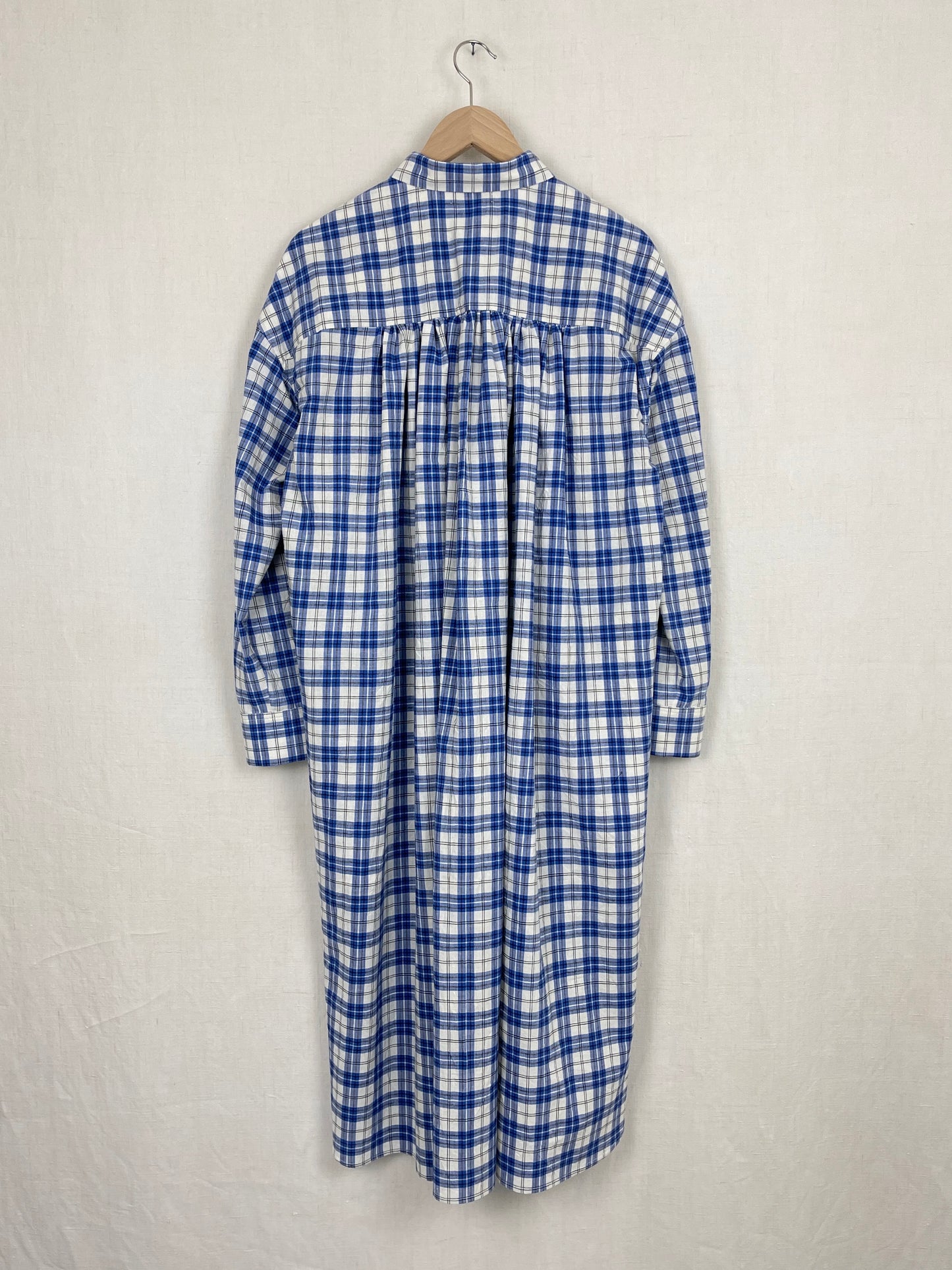 WHITE, BLUE AND BLACK CHECKED SHIRT DRESS - SIZE S
