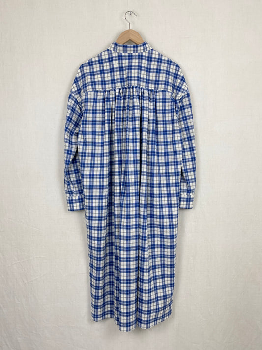 WHITE, BLUE AND BLACK CHECKED SHIRT DRESS - SIZE S