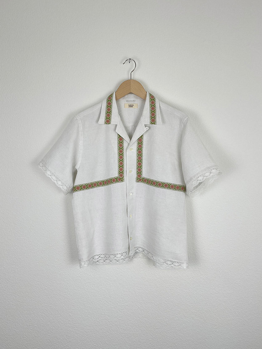 LINEN TABLECLOTH SHIRT WITH ORNAMENTAL RIBBON- SIZE 44