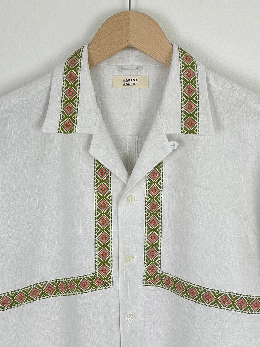 LINEN TABLECLOTH SHIRT WITH ORNAMENTAL RIBBON- SIZE 44