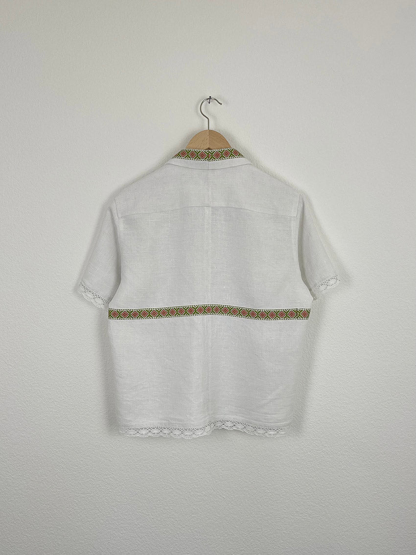 LINEN TABLECLOTH SHIRT WITH ORNAMENTAL RIBBON- SIZE 44