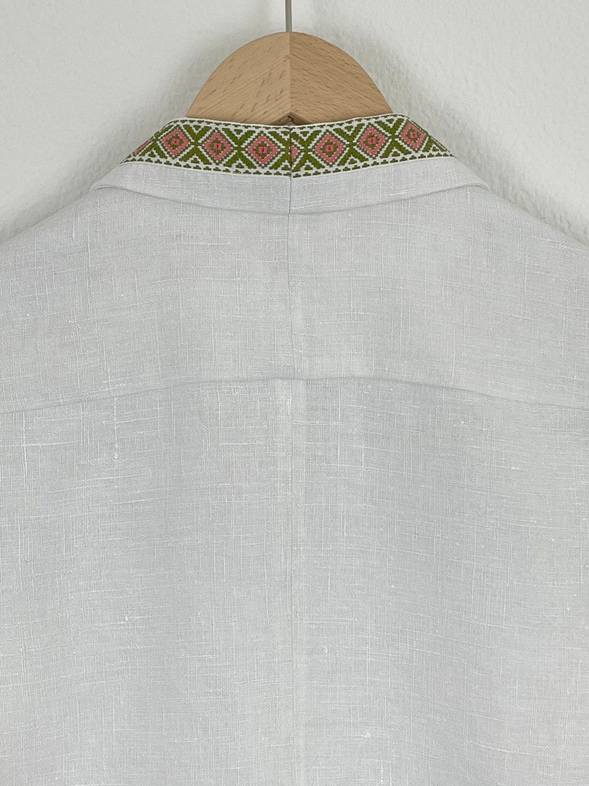 LINEN TABLECLOTH SHIRT WITH ORNAMENTAL RIBBON- SIZE 44