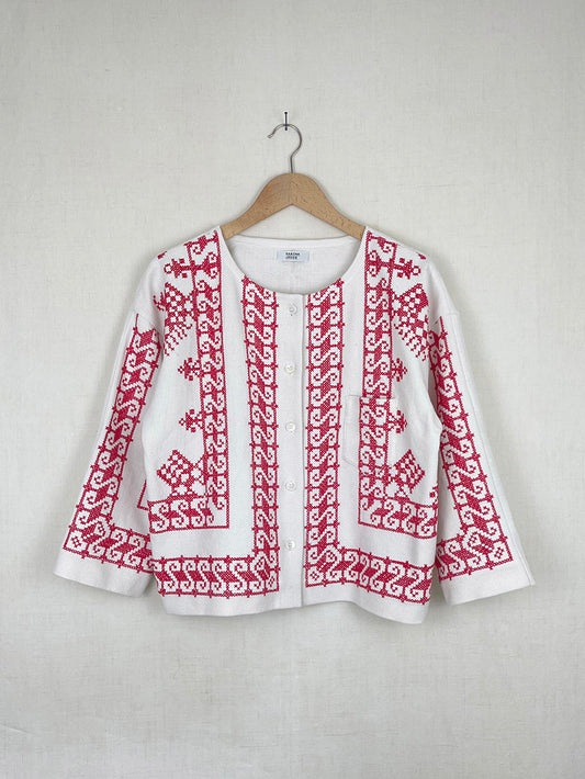 RED CROSS STITCH TABLECLOTH JACKET - SIZE S