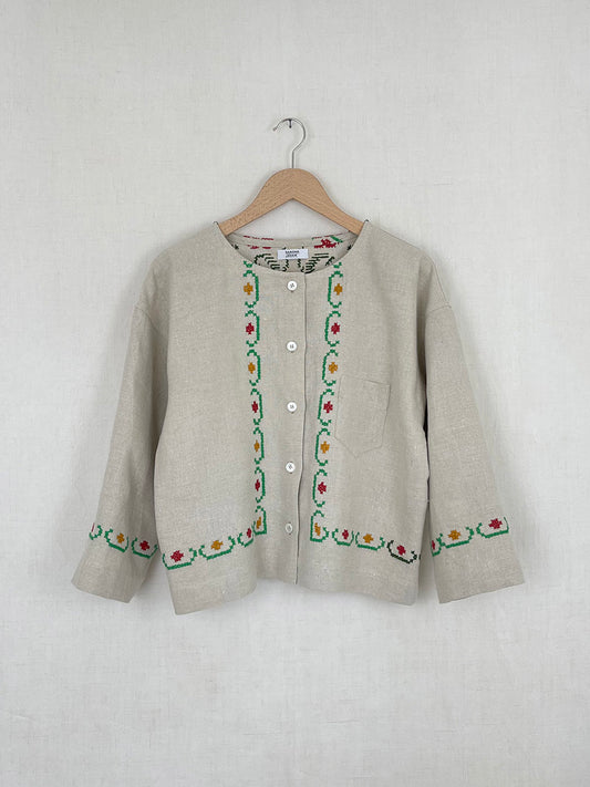 GREEN, RED AND YELLOW CROSS STITCH TABLECLOTH JACKET - SIZE S