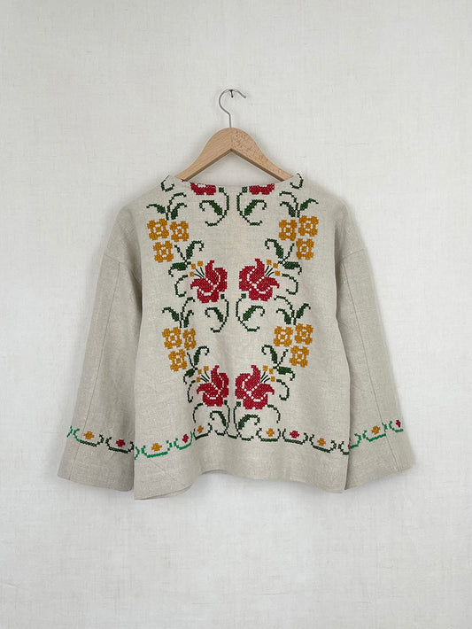 GREEN, RED AND YELLOW CROSS STITCH TABLECLOTH JACKET - SIZE S